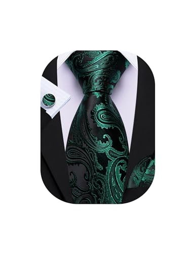 Barry.Wang Emerald Green Black Tie for Men Paisley Silk Necktie Pocket Square Cufflinks Formal Business Wedding Party