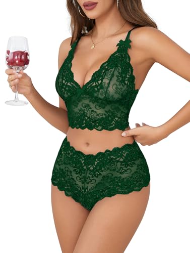 Image of Lilosy Sexy Lingerie for Women Lace Pajamas Set Cami Bra and Panty High Waist Sheer Sleepwear 2 Piece 2XS-6XL