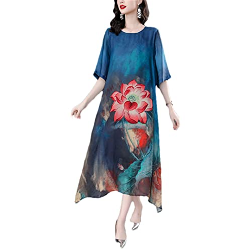 Robe midi vintage imprimé fleuri bleu vêtement rétro femme grande taille XXXL