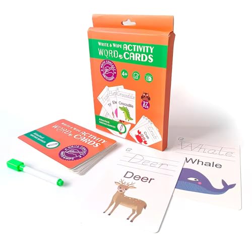 Image of Adora Interactive Write & Wipe Activity Cards Fun Easy Learning Word Play for Preschoolers & Toddlers 12+ Months | Includes Marker Alphabet /123 Word 27 Pcs Cards (Learning Alphabet Word, 8 * 6 Inch)