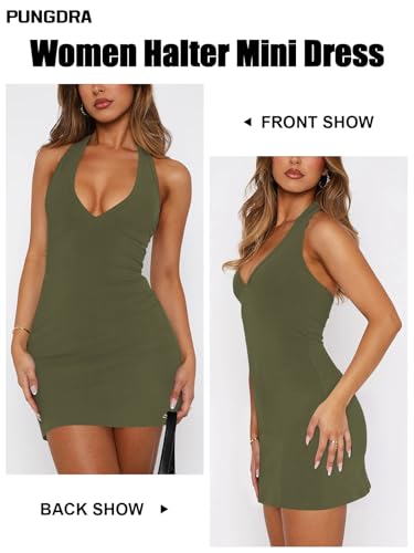Image of Women's Sexy Halter V Neck Mini Dress for Women Summer Slim Fit Going Out Club Party Bodycon Short Dresses