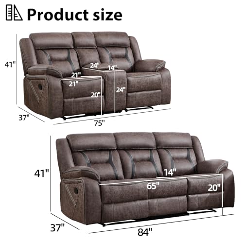 Image of EBELLO Manual Recliner Sofa Set, Faux Leather Reclining Living Room Furniture Set, Included Loveseat and 3 Seat Manual Recliner Sofa, Grey(Loveseat+Sofa)