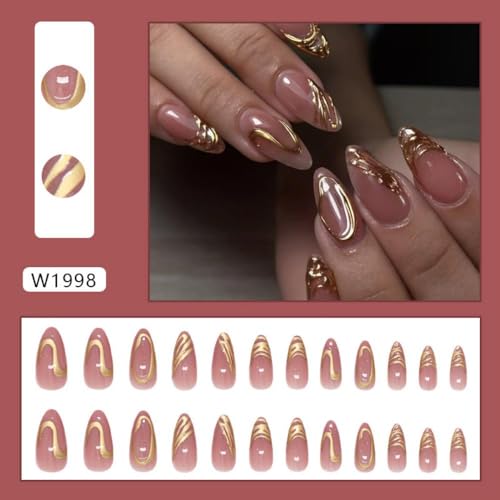 Image of Press on Nails Gold Fake Nails Medium Almond False Nails with Glitter Design Glue on Nails Glossy Full Cover Nail Press ons Artificial Acrylic Stick on Nails for Women Girls Manicure 24 Pcs