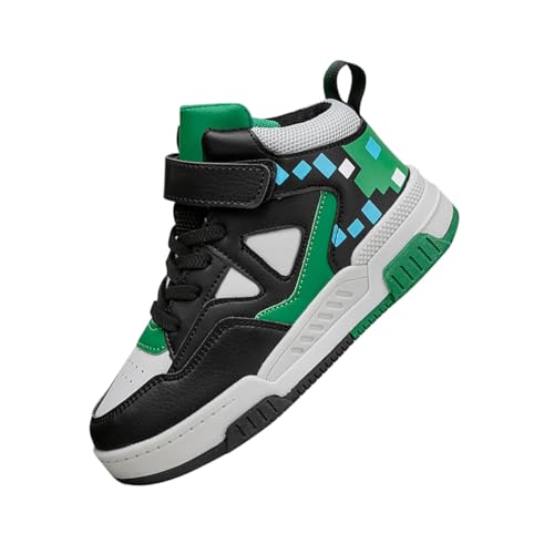 Boys Girls Outdoor Sports Shoes, Board Shoes With Leather Upper, Breathable And Comfortable With Soft Padded Neck, Fashionable Retro Street Style, Basketball Shoes Suitable for All Seasons Green Black
