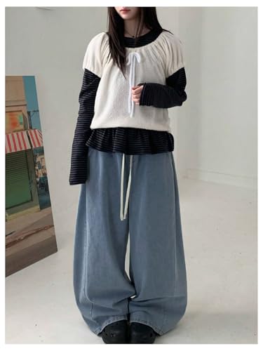 SHENHE Women's Baggy Casual Wide Leg Jeans Drawstring Elastic High Waist Trendy Jeans3