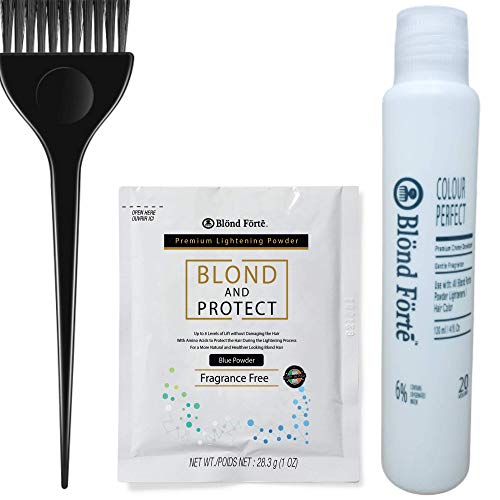 Hair Lightening Kit – Hair Lightener, 20 Volume Developer, Nitrile Glove & Processing Cap – Lightener Kit for Light, Dark Brown Hair, & Black Hair – 8+ Levels of Lift (Made in Italy) (Blue Powder)