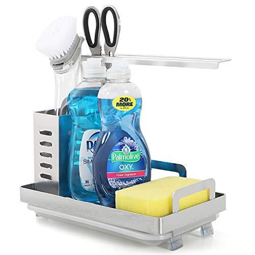 Organizador de fregadero Caddy con bandeja colectora, organizador para fregadero de cocina, tijeras de cocina, esponja, cepillo, soporte para jabn, acero inoxidable, color plateado