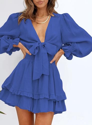 Image of Dokotoo Womens Casual Spring Fall 2025 Deep V Neck Knotted Tiered Chiffon Elegant Mini Short Swing Skater Dresses