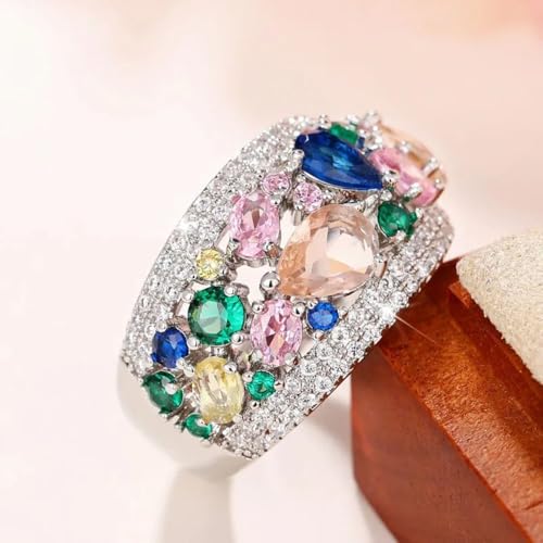 White Gold Plated Multicolor Teardrop-shaped Cubic Zirconia Rainbow Statement Ring Personalized Accessory Ideal for Women's Daily Casual Wear Party Holiday Anniversary Love Jewelry Gift3