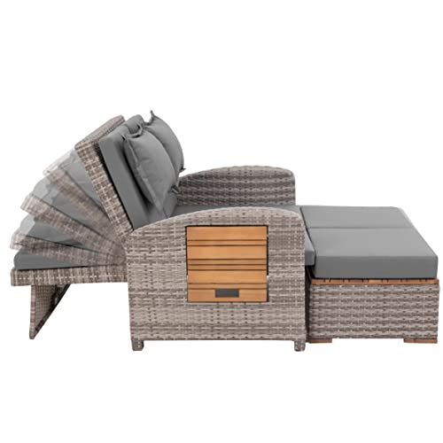 Greemotion Rattan-Lounge Bahia Tobago, Gartensofa mit Bettfunktion, inkl. Hocker, Grau, Holzfarben