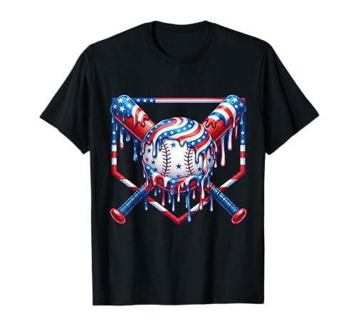 Baseball Drip American Flag for Boys Kids Youth 4th of July T-Shirt