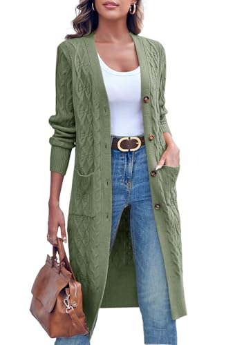 Imily Bela Strickjacke Damen Lang Zopfmuster Open Front Cardigan Langarm Herbst Winter Strickcardigan mit Taschen(Armee grün,L)
