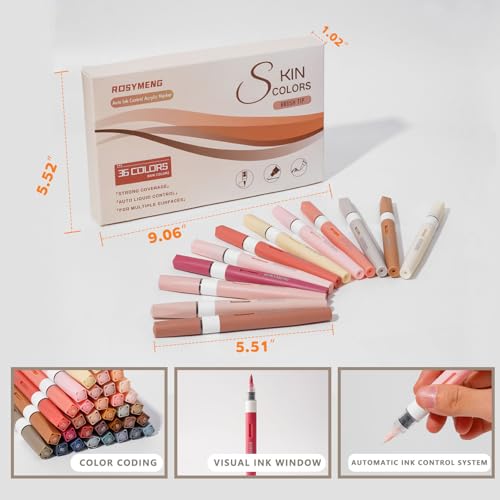 Image of ROSYMENG Skin Tone Art Markers: 36 Colors Acrylic Paint Pen Set with Soft Brush Tip, Straight Liquid Quick-Dry Design, Drawing Supplies for Adult Coloring Books, Rock, Wood, Glass, Fabric