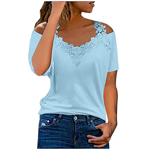 Susenstone Chemise Femme D'Été Élégant Chemisiers Dentelle Découpes Col en V Manches Courtes Casual T-Shirt Mode Épaules Dénudées Shirt Blouse Couleur...