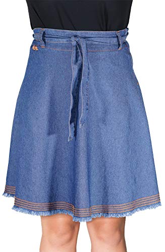 Saia Jeans Evasê Barra Desfiada Com Bordados Dyork Jeans