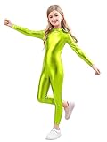 Genfirdom Girls Shiny Metallic Unitard Long Sleeve Leotard Turtleneck Kids Bodysuit for Costume Dance 3-12 Years(lime green，11-12