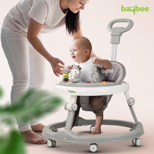 Image of Baybee Moono Round Baby Walker for Kids with Push Handle, 4-Level Height Adjustment, Musical Toy Bar | Activity Walker for Babies 6-18 Months (Grey)