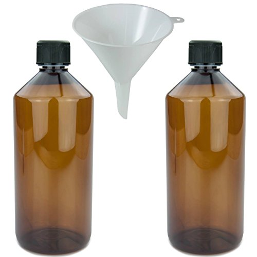 mikken 2 botellas de laboratorio marrones de 1000 ml de plástico (PET), botella de farmacia, botella Veral con embudo