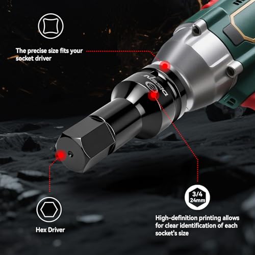 Image of DISEN 3 /4 Inch Drive Impact Hex Driver Set, 5-Piece, Metric, 14mm, 17mm, 19mm, 22mm, 24mm, CR-MO Steel, Professional Mechanic Repair 3 /4 inch Hex Socket Set