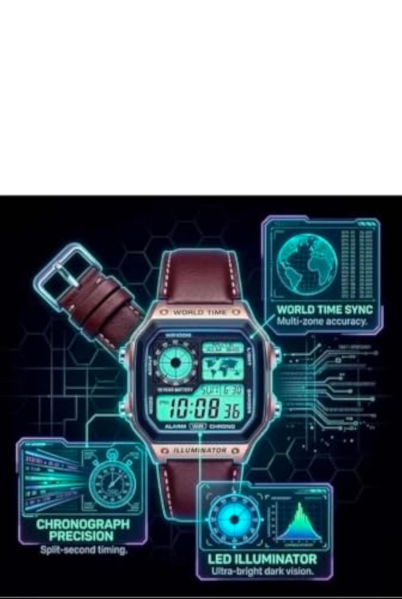 Digital Watch with World Time and Leather Strap