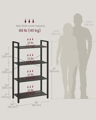 Image of VASAGLE 4-Tier Bookshelf, Bookcase with Steel Frame, Book Shelf for Living Room, Home Office, Study, 11.8 x 26 x 47 Inches, Industrial Style, Charcoal Grey and Ink Black ULLS060B04