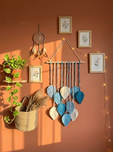 Image of JH Gallery Macrame Leaf Wall Hanging, Boho Theme Home Decor Tapestry with Wooden Beads, Handmade Macrame Wall Decor for Bedroom, Living Room and Balcony. (Blue and White)