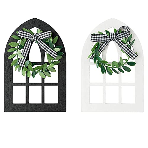 2Pcs Wooden Farmhouse Window Tiered Tray Decoration Black White Plaid Rustic Farmhouse Decor Cathedral Arch Window Sign Shelf Spring Summer Stand Display Photo Prop Cover