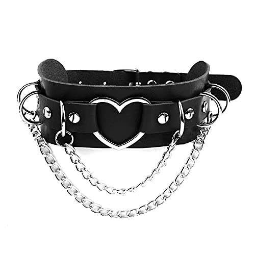 MILAKOO schwarzer PU Lederhalsband mit Herz und Doppelkette Halskette Gothic Choker Lederband einstellbar