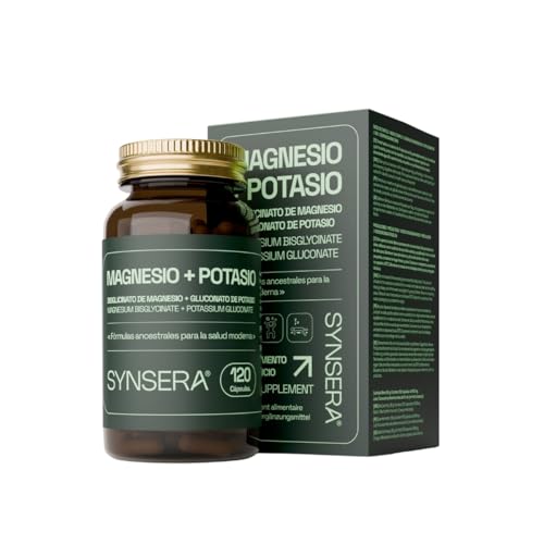SYNSERA - Magnesio Bisglicinato y Potasio Gluconato - Suplemento Premium Alta Absorción - Antifatiga, Sueño, Estrés y Calambres Musculares - Fórmula Técnica Avanzada - 120 cápsulas
