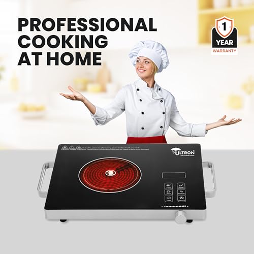 Image of ULTRON Infra SS 2000W Infrared Cooktop with Knob & Touch Control, Ceramic Glass, Works with All Cookware, 4 Cooking Modes, Fast Heating Electric Stove with Free Grill Rack & 1 Year Warranty.