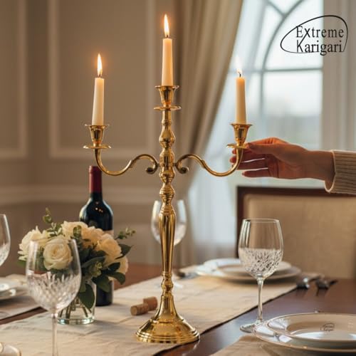 Image of Decorative Aluminum Brass Gold Plated Three Arm Candelstick Holder Stand for Dinning Table | Centerpiece Decor | Wedding Gift |