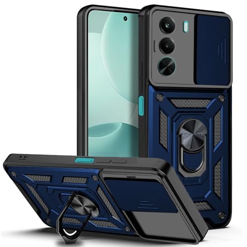 Image of SPAZY CASE Realme P4x Back Cover | Heavy Duty Hybrid Case with 360 Degree Rotating Finger Ring Holder + Slider Shutter Camera Protection Case for Realme P4x - Blue