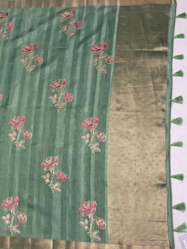 Image of MIMOSA Women's Pista Art Silk Banarasi Saree (Unstitched Blouse) | embrodiary | 6.2 Mtrs