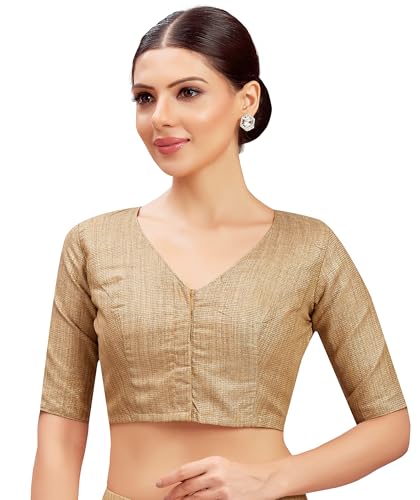 Image of Studio Shringaar Women's Golden Brocade V Neck Readymade Saree Blouse