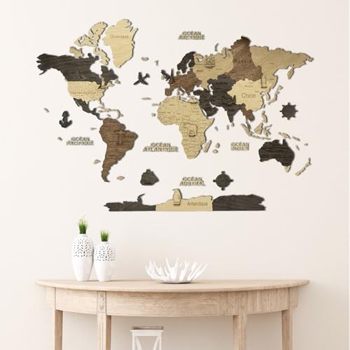 Creatifwood Carte du monde en bois 2D pour décoration murale - Mappemonde en Bois - Art mural - Pour salon, bureau ou chambre (Multicolor, 80L x 55l cm)