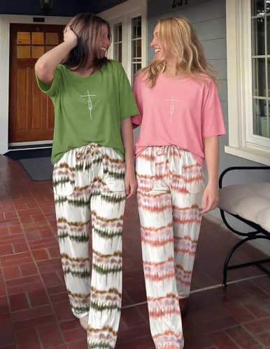 Image of Ekouaer 2 Pack Womens Pajamas Sets Short Sleeve Long Pants Pjs Lounge Set
