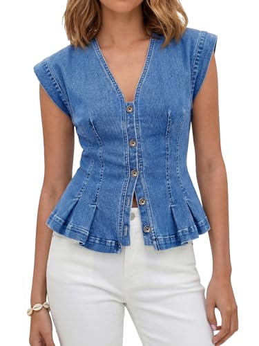 Tankaneo Womens V Neck Denim Vests Tops Trendy Summer Casual Button Down Y2k Fitted Pleated Sleeveless Jean Tops