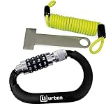 URBAN UR140 Antivol Casque Moto, Mousqueton à Code 4 Chiffres Plus Sécurisé, Adaptateur T Boucle, Câble de Sécurité en Acier Tressé Plus Visible, Accessoire Anti vol Universel pour Casque de Moto Velo