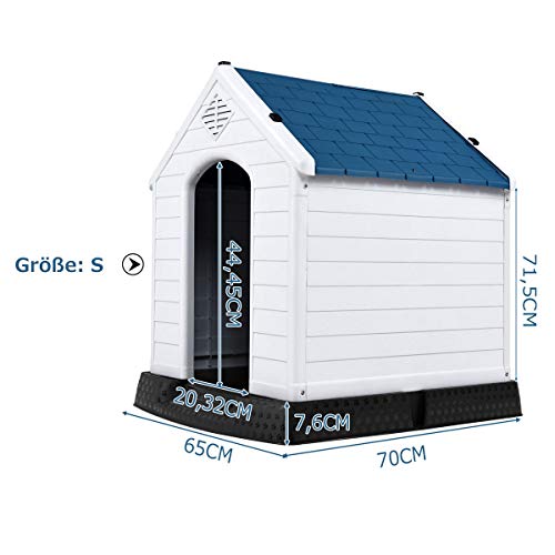 GYMAX Outdoor Hundehütte mit Schrägdach & erhöhtem Boden, Hundehaus aus Kunststoff, Wetterfeste Hundehöhle im Landhausstil (Weiß + Blau, 72,5 x 66 x 70,5 cm)