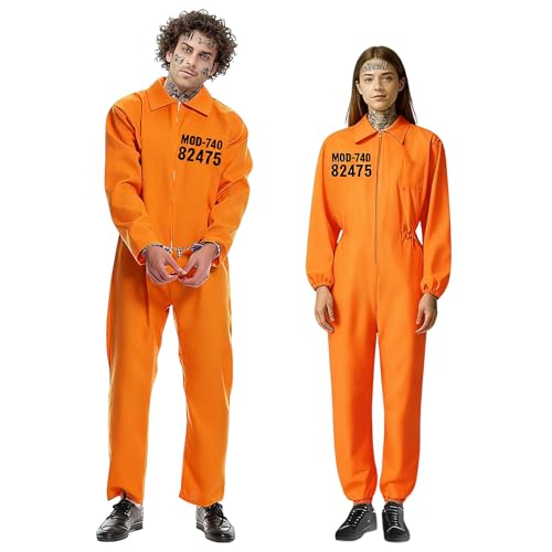 Axinyijia Disfraz Prisionero Naranja para Hombre Mujer, Mono Naranja Disfraz Preso para Halloween Cosplay Carnaval, Costume de Convicto Unisex (S (altura 165-175 cm))