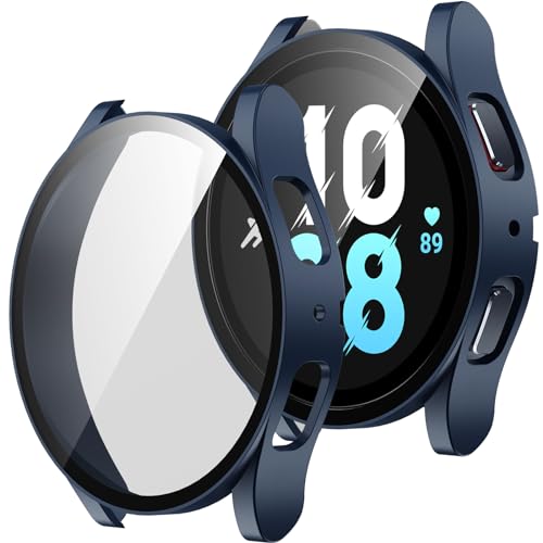 ZZDZZ [2 Pezzi] Cover Compatibile con Samsung Galaxy Watch 5/4 44mm con Vetro Temperato, Custodia Sottile Rigida HD Clear Pellicola Protettiva per Galaxy Watch (Blu/Trasparente)