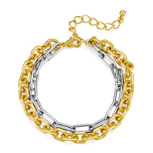 WOWORAMA Pulsera de cadena de eslabones de dos tonos para mujeres y hombres, pulseras de eslabones de clip de oro y plata, pulsera unisex de metal mixto, pulseras de cadena gruesa gruesa, Adjustable
