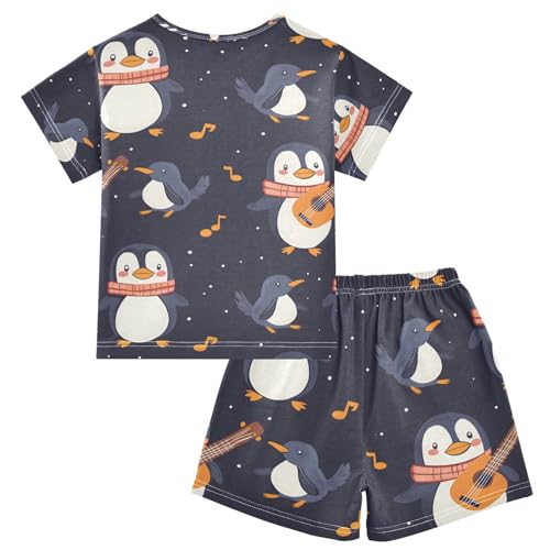 ALAZA Penguin Guitar Music Note Pajamas Set Short Sleeve Cotton Sleepwear Summer Pjs 2 Piece 5-14Y2