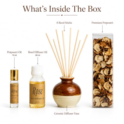 Image of AuraDecor Reed Diffuser Gift Set with Potpourri, Fragrance Oil & 6 Reed Sticks | Air Freshener for Living Room, Bedroom & Office | Decorative Aroma Diffuser Gift Set (Rose, X-Large)