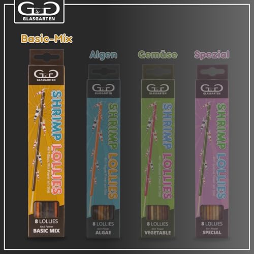 GlasGarten Shrimp Lollies 4in1 Basic Mix | 8 STK. / 20 cm – Futtersticks für Ziergarnelen, mit 4 verschiedenen Geschmacksrichtungen, hochwertige Futterpaste am Stil