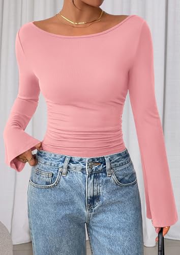 Image of PRETTYGARDEN Women Long Sleeve Shirt 2025 Crop Casual Boat Neck Bell Sleeve Ribbed Ruched Y2K Clothing