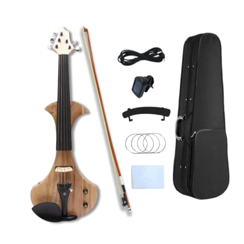 WUQIMUSC Violino elettrico a 5 corde, kit 4/4 full size con corpo in legno massello, violino silenzioso, pergamena stile testa chitarra, raccordi in ebano, pioli in metallo, arco, custodia, cavo