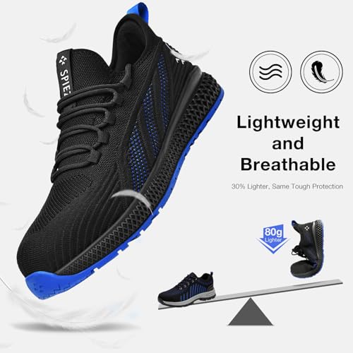 SPIEZ Safety Shoes for Men Women,Lightweight Work Sneakers with Breathable Mesh, Composite Toe, Non-Slip Sole, Easy Pull-On Design.Ideal for Construction, Warehouse & Daily Use, Black/Blue4