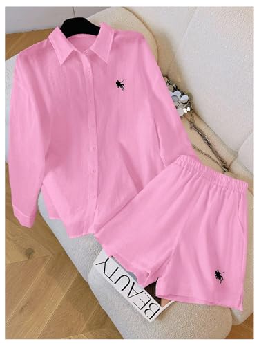 Image of SweatyRocks Women's 2 Piece Outfits Button Down Shirts Lounge Linen Sets and Mini Shorts Pajama Gauze Set Beachwear