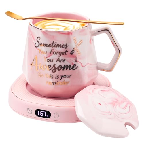 Image of Coffee Mug Warmer Set Smart Electric Heated Cup Beverage Tea Candle Plate | You are Awesome Pink Mug Electric Warmer Set for Office Desk, 4 Temperature Control 8 Hrs Auto Shut Off, Ideal Gift for Women